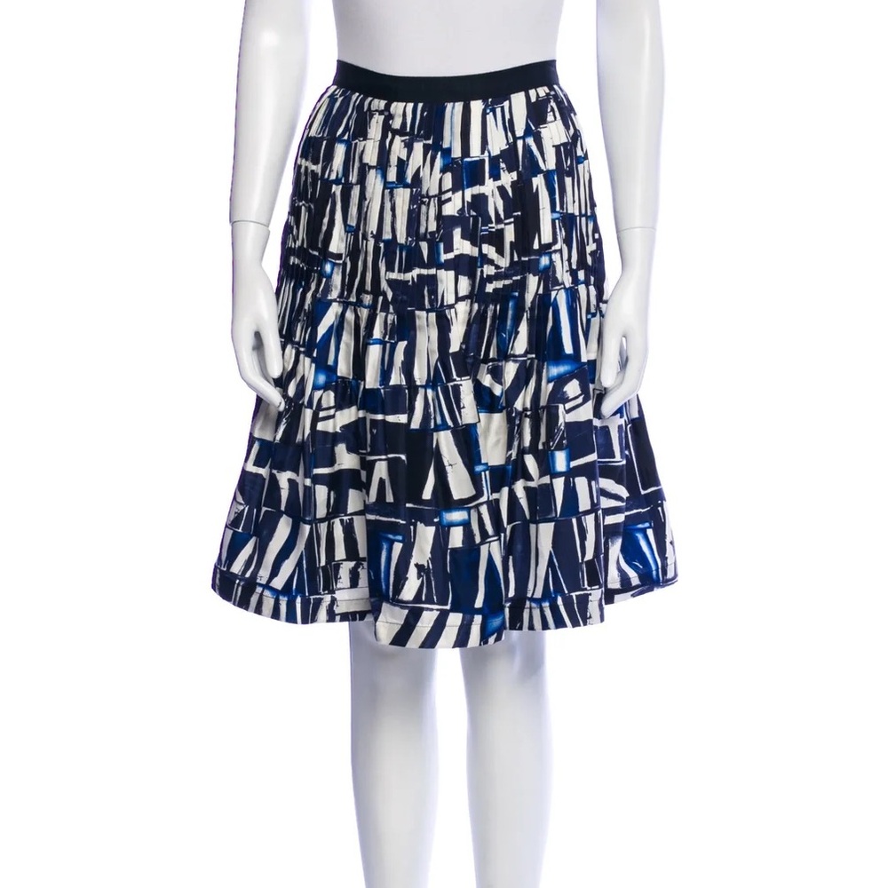 Vintage Oscar de la Renta Blue / White / Black Print Silk Pleat Details Skirt